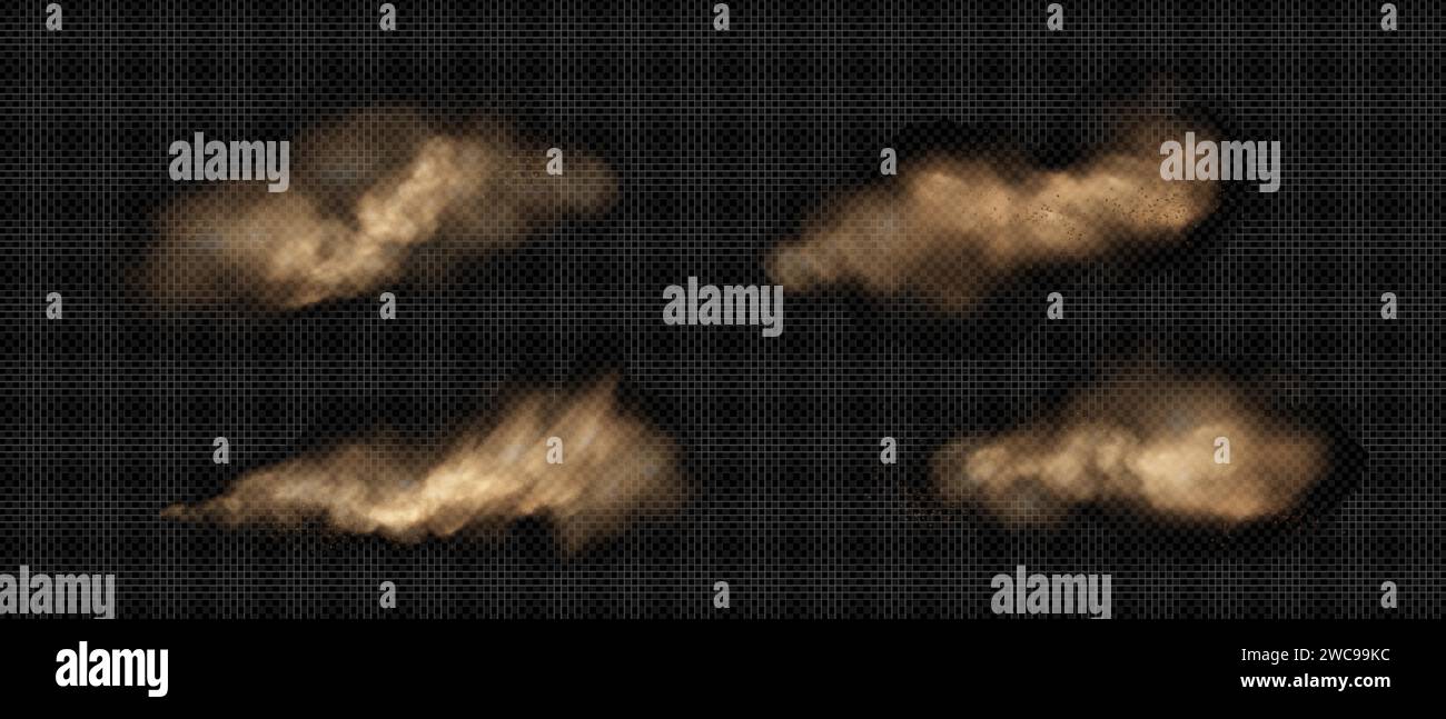 Nuvole di polvere isolate su sfondo trasparente. Illustrazione vettoriale realistica dell'effetto tempesta di sabbia del deserto, particelle di sporco marrone che volano in vento, mu Illustrazione Vettoriale