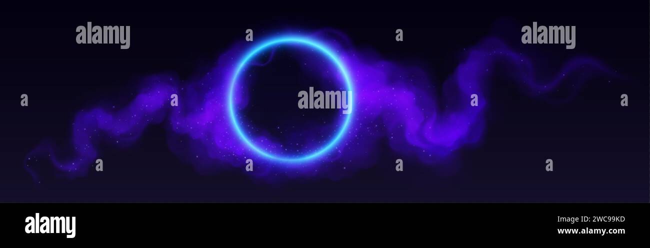 Cerchio al neon luminoso con nuvola colorata o vapore. Illustrazione vettoriale realistica dell'anello luminoso a LED con effetto vapore su sfondo scuro. Magic o fu Illustrazione Vettoriale