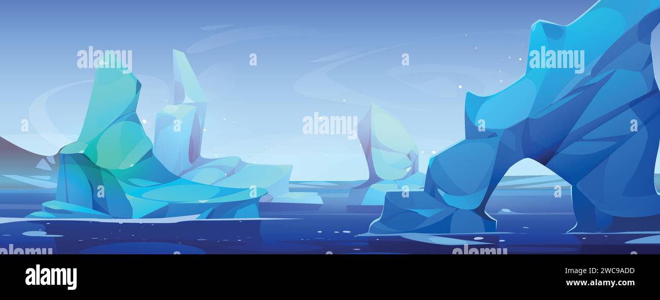 Pezzi di iceberg galleggianti sull'acqua di mare. Cartoni animati vettoriali che illustrano il paesaggio marino antartico, blocchi di ghiaccio blu e archi che galleggiano sopra la fredda superficie oceanica, nord Illustrazione Vettoriale