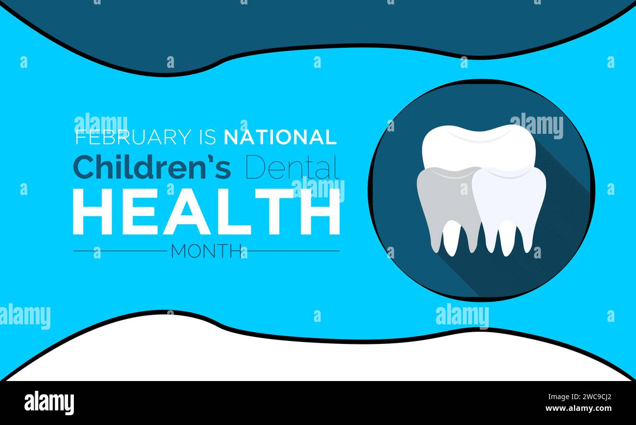 Mese nazionale di salute dentale dei bambini osservato ogni anno nel mese di febbraio. Banner salute vettoriale, volantino, poster e design modello social mediale Illustrazione Vettoriale