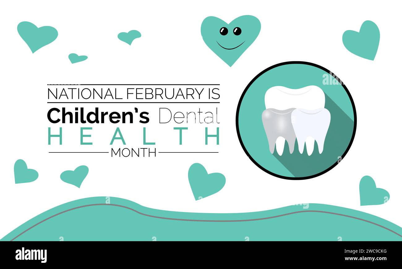 Mese nazionale di salute dentale dei bambini osservato ogni anno nel mese di febbraio. Banner salute vettoriale, volantino, poster e design modello social mediale Illustrazione Vettoriale