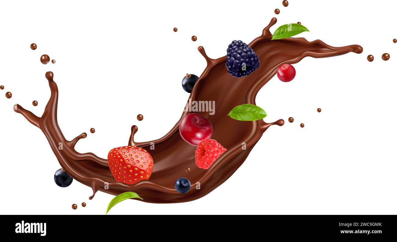 La crema al cioccolato e la bevanda al cioccolato fluiscono con frutti di bosco, foglie di menta, frutta vettoriale e dessert. Onda di cioccolato realistica con fragole, ciliegie, mora, lamponi e mirtilli rossi 3d. Illustrazione Vettoriale