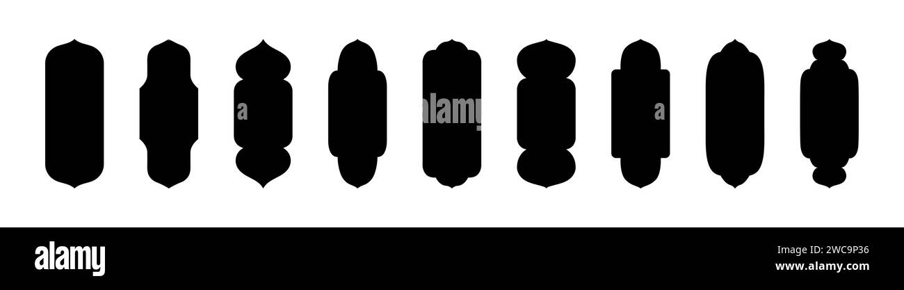 Cornici islamiche a forma di archi. Confini per il mese del Ramadan. Elementi isolati vettoriali con ornamento su sfondo bianco. Illustrazione Vettoriale