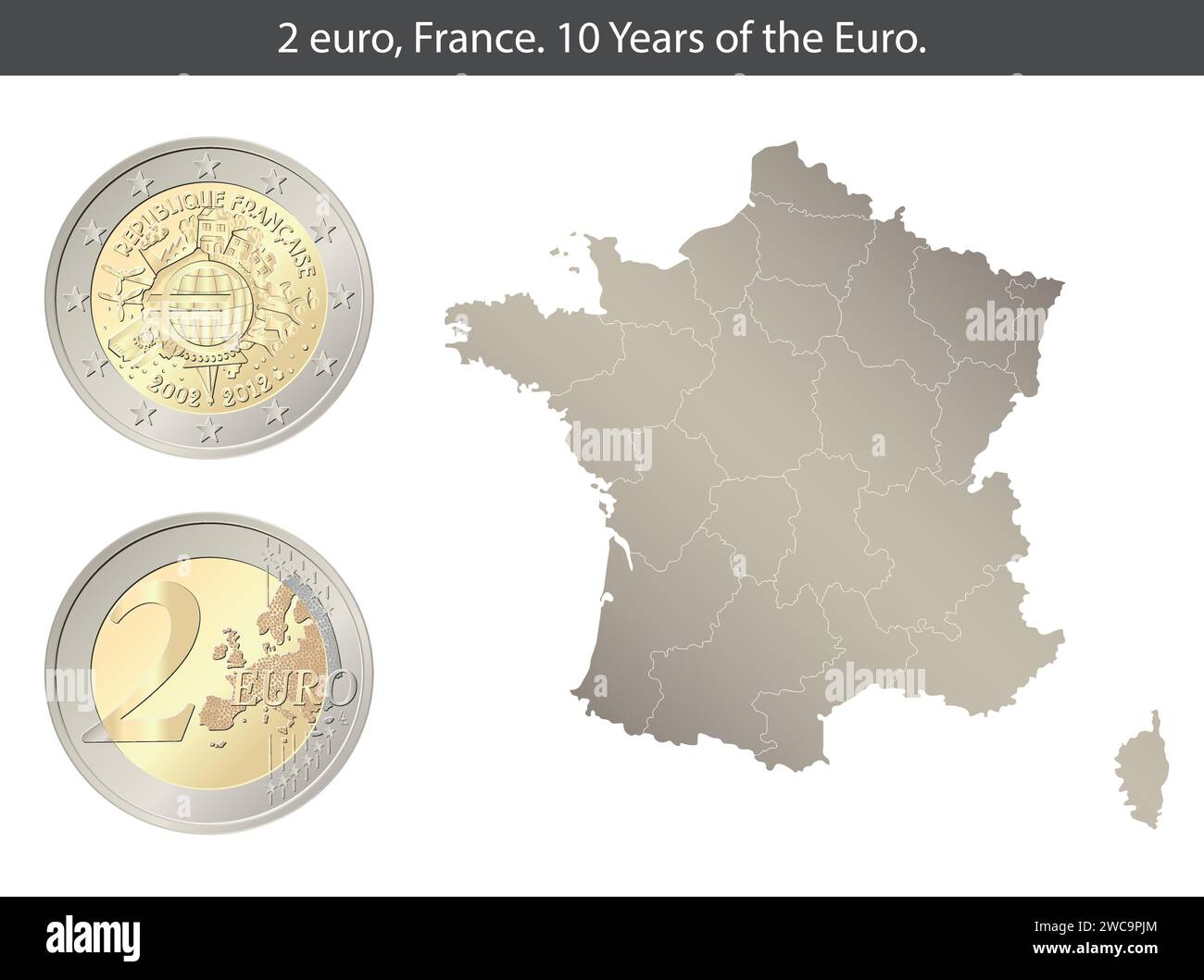 Francia. Moneta da 2 euro. 10 anni dell'Euro, 2012. Rovescio e dritto della Francia moneta da due euro. Illustrazione Vettoriale