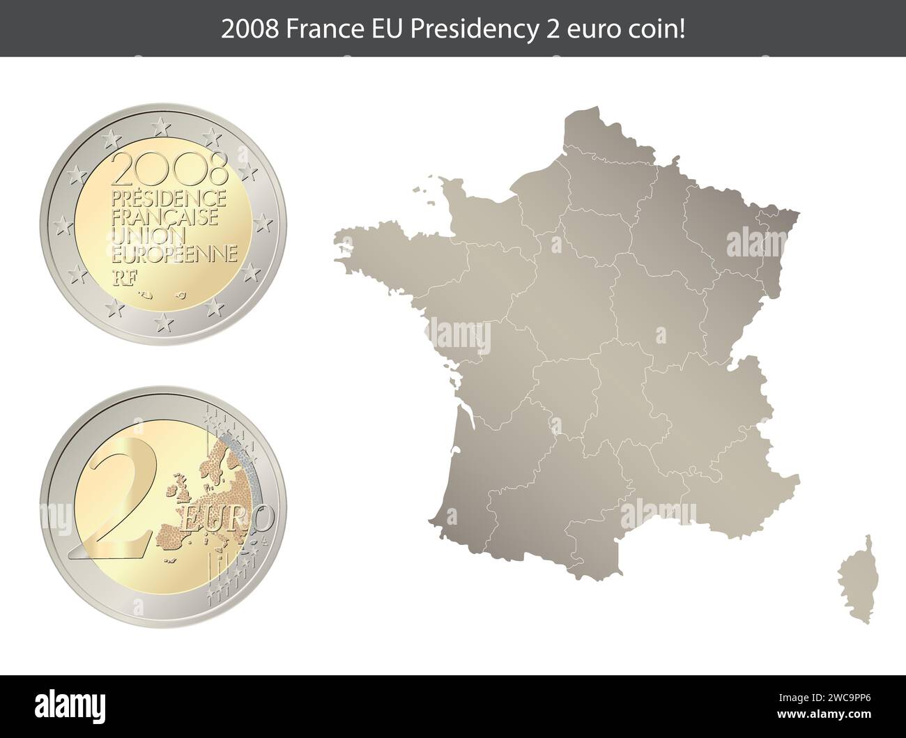 Francia. Moneta da 2 euro. Presidenza francese del Consiglio dell'Unione europea. Rovescio e dritto della Francia moneta da due euro. Illustrazione Vettoriale