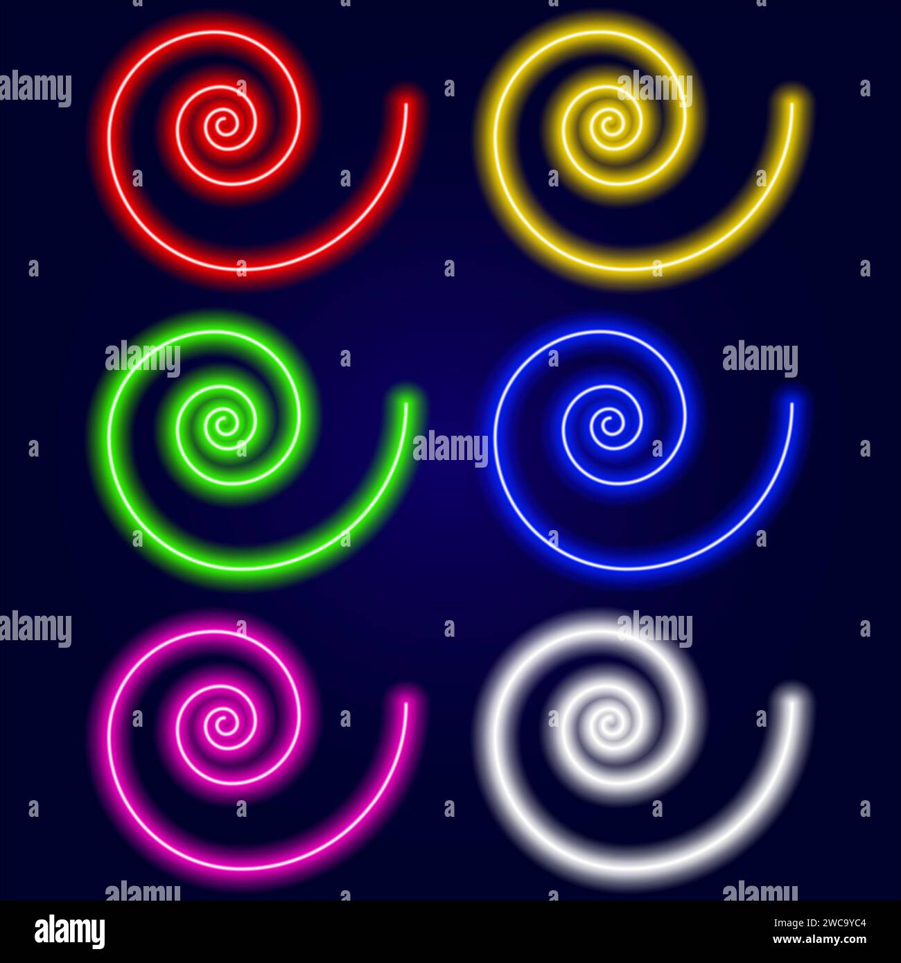 Elementi vettoriali spirali al neon multicolore per grafici. Neon lucente a forma di lumaca Illustrazione Vettoriale