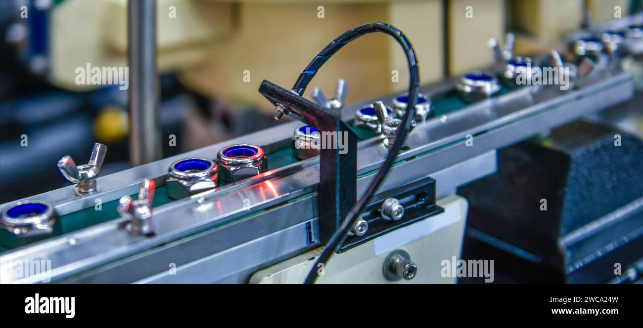 Controllo di alta qualità nella produzione di una macchina di smistamento ottica per dadi di fissaggio nella linea di prodotti Foto Stock
