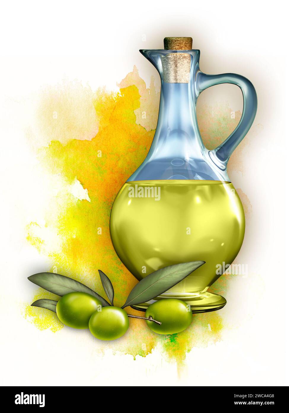 Olio d'oliva in un contenitore di vetro e alcune olive. Illustrazione digitale, tracciato di ritaglio incluso. Foto Stock