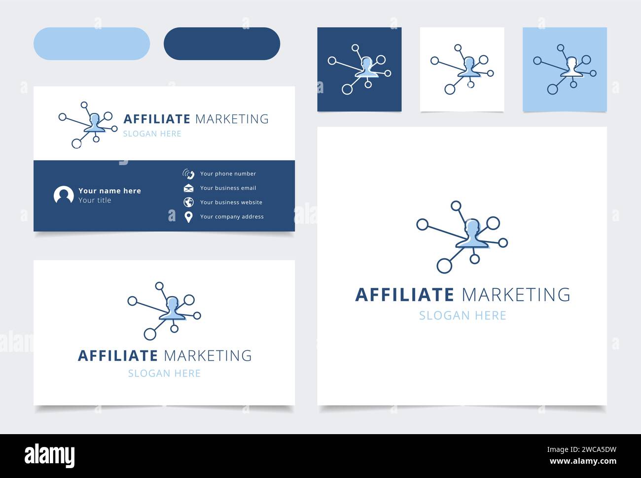 biglietto da visita con il marchio del logo di marketing. Il libro di branding arricchisce la raccolta di marketing. Logo marketing thin Affilate Illustrazione Vettoriale