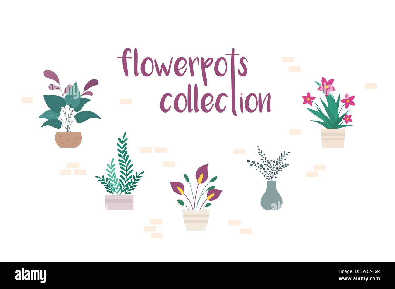 Collezione di vasi di fiori. Piante per la casa alla moda in stile piatto. Illustrazione Vettoriale