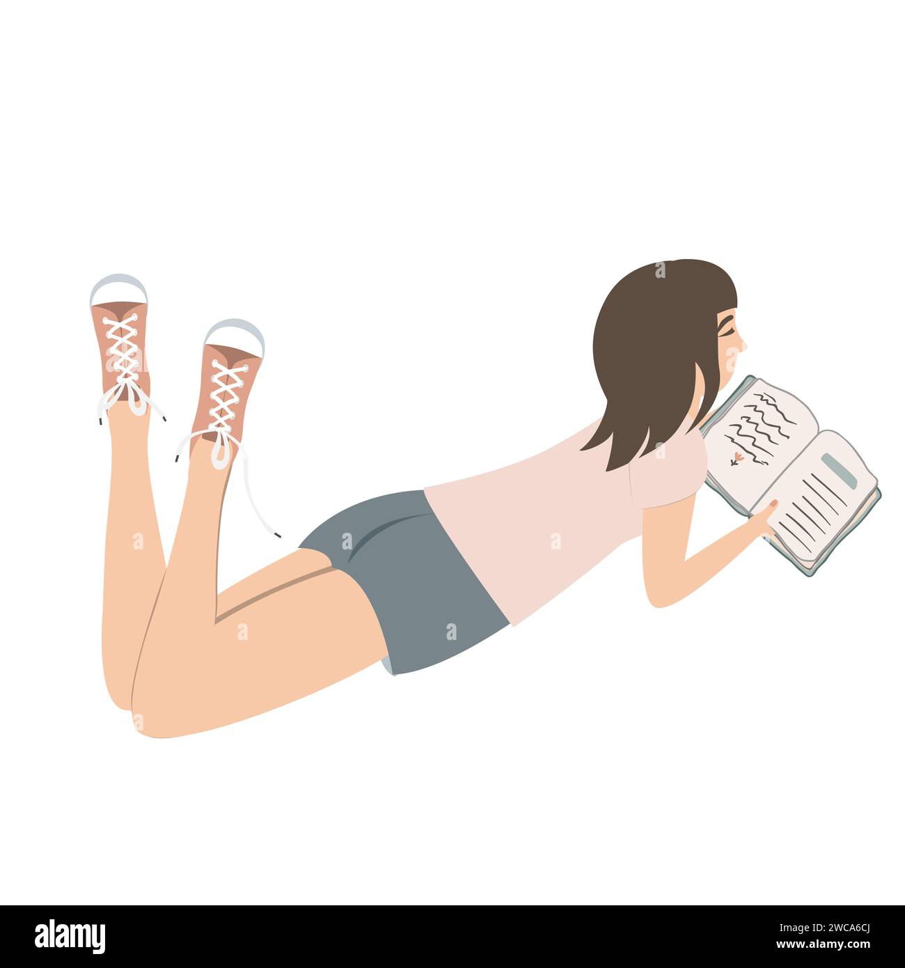 Una ragazza sdraiata in scarpe da ginnastica che legge un libro. Illustrazione isolata del vettore cartoni animati. Elemento di progettazione Illustrazione Vettoriale