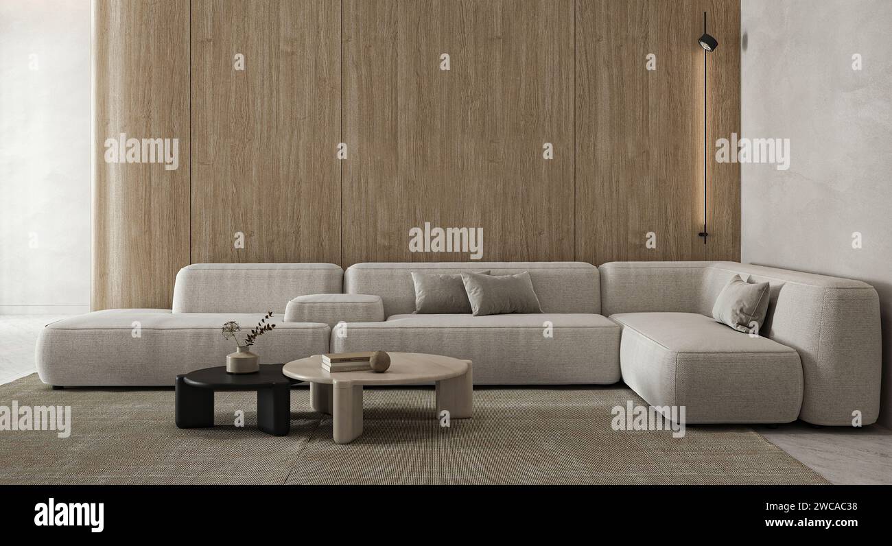 Elegante divano modulare beige sullo sfondo di pannelli di legno in uno spazio abitativo minimalista Foto Stock