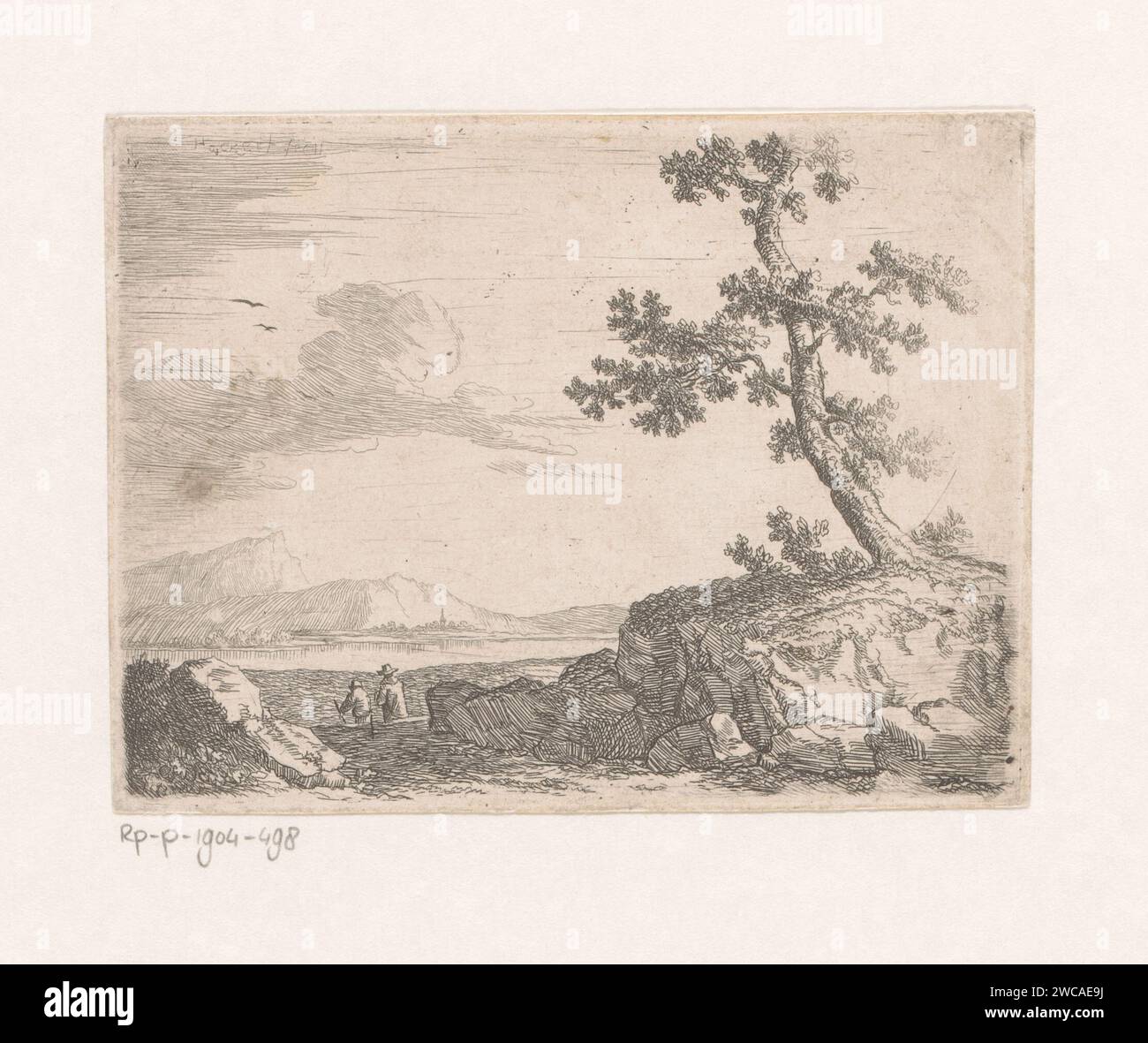 Coastal Met -Boom, Jacob Philipp Hackert, carta stampata 1747 - 1807 che incide su alberi favolosi. costa (+ paesaggio con cifre, personale) Foto Stock