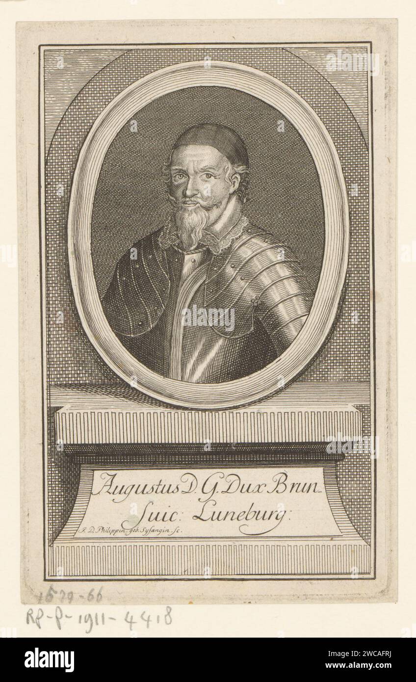 Ritratto di August II de Jongere, duca di Braunschweig -Lüneburg, Johanna Dorothea Sysang, 1739 - 1791 carta stampata incisione persone storiche. armatura Foto Stock