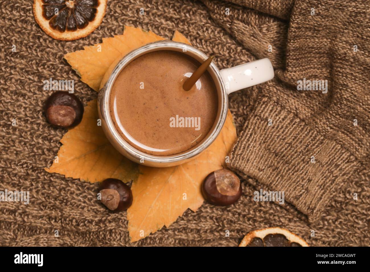 Accogliente concetto di stile di vita invernale. Tazza di bevanda calda con coagulo a maglia caldo Foto Stock