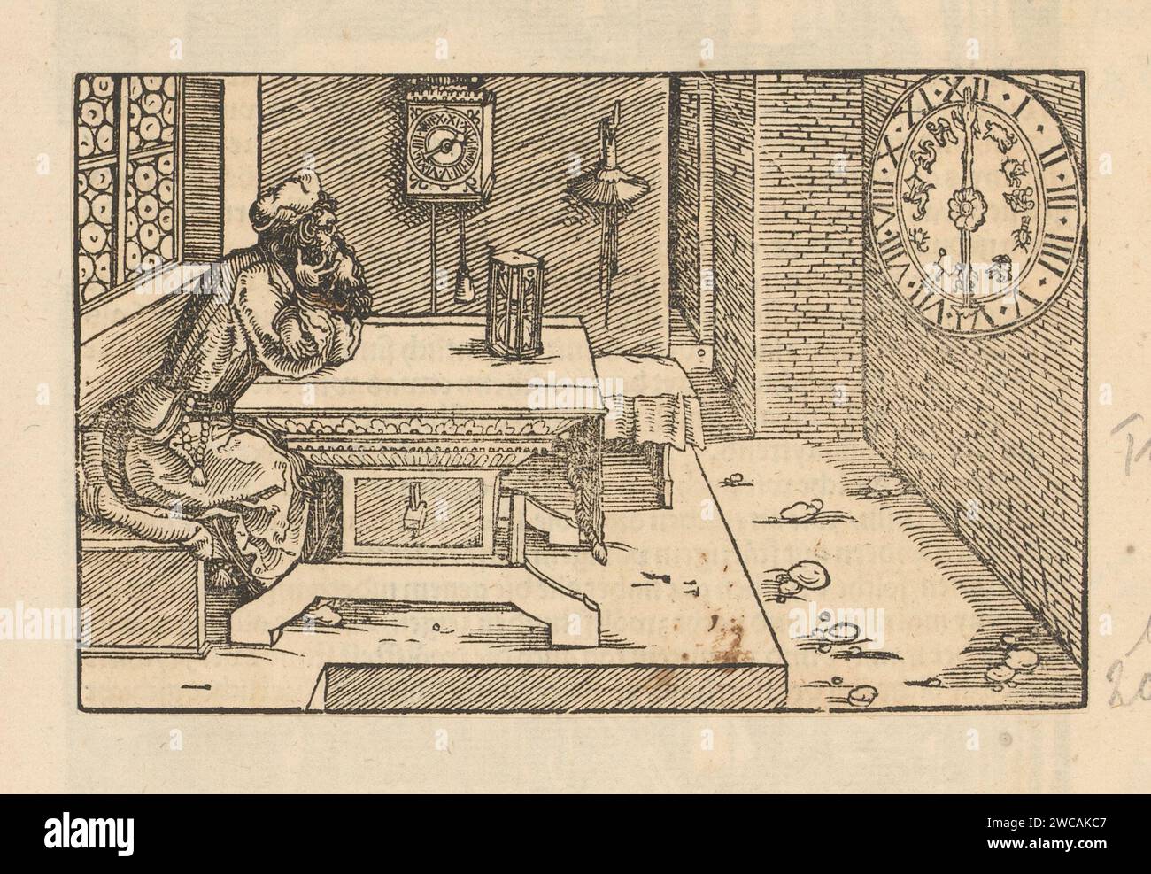 Vecchio guarda con la testa nelle mani una clessidra e orologi da parete, Anonymous, Hans Weiditz (II), 1514 - 1532 stampa l'uomo rappresenta la transitorietà. La stampa fa parte di un album. orologio di stampa con carta letterpress. Scene che simboleggiano "Vanitas" Foto Stock