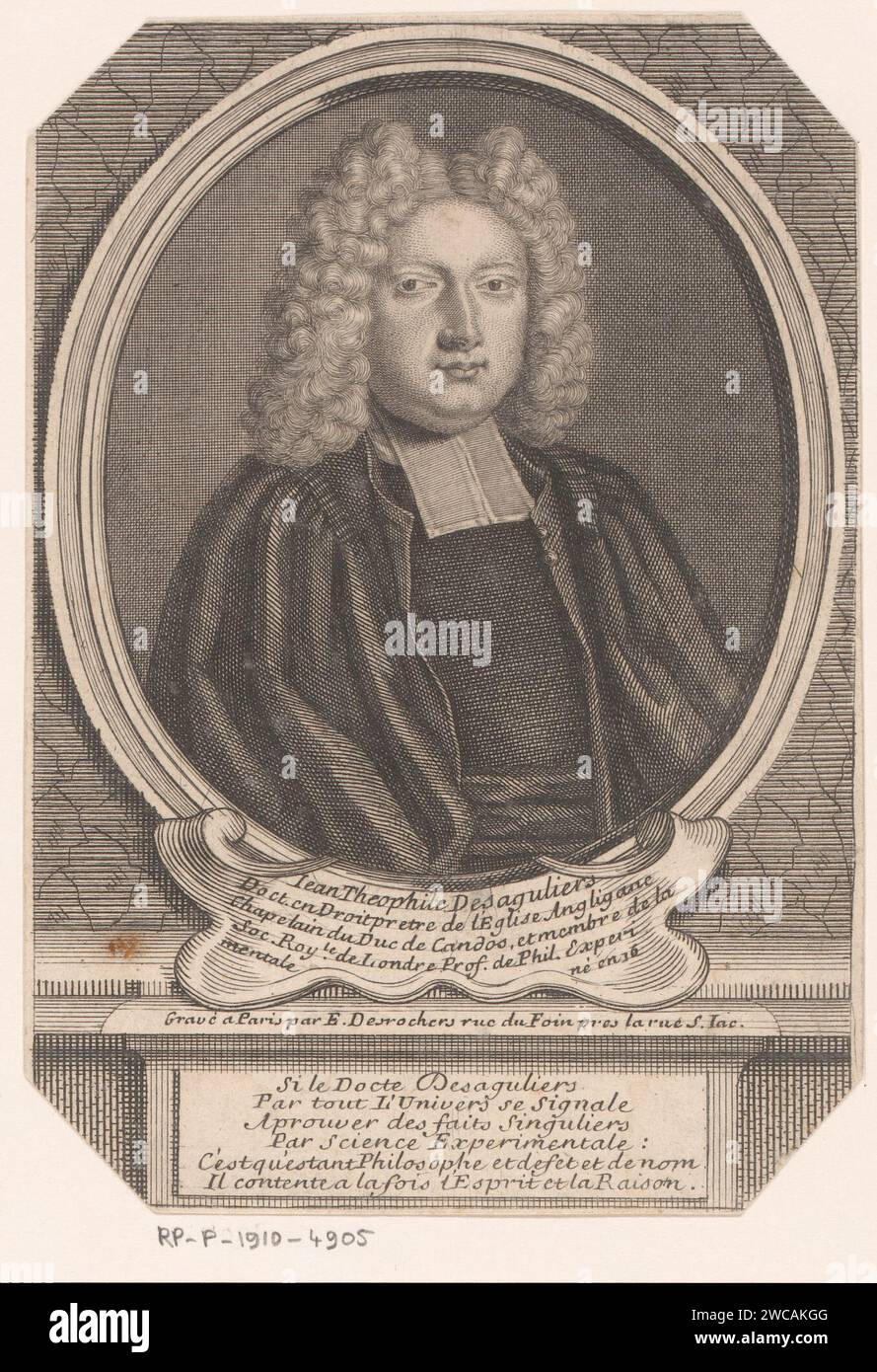 Portret van Jean-Théophile Desaguliers, Etienne Desrochers, c. 1726 stampa Parigi carta incisione persone storiche. studioso, filosofo Foto Stock