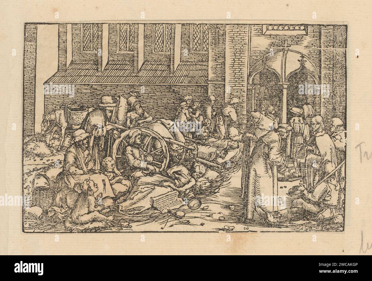 Sick People for a Church, Anonymous, Hans Weiditz (II), 1514 - 1532 Print è parte di un album. carta da stampa con tipografia paziente, malato. guarigione miracolosa. infermieristica, cura dei malati Foto Stock