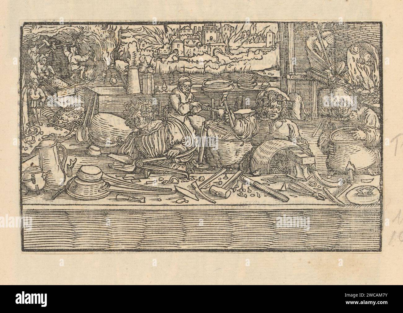 Miners and a Forgge, Anonymous, Hans Weiditz (II), 1514 - 1532 Print fa parte di un album. carta da lettere stampa mineraria. smith, fabbro Foto Stock