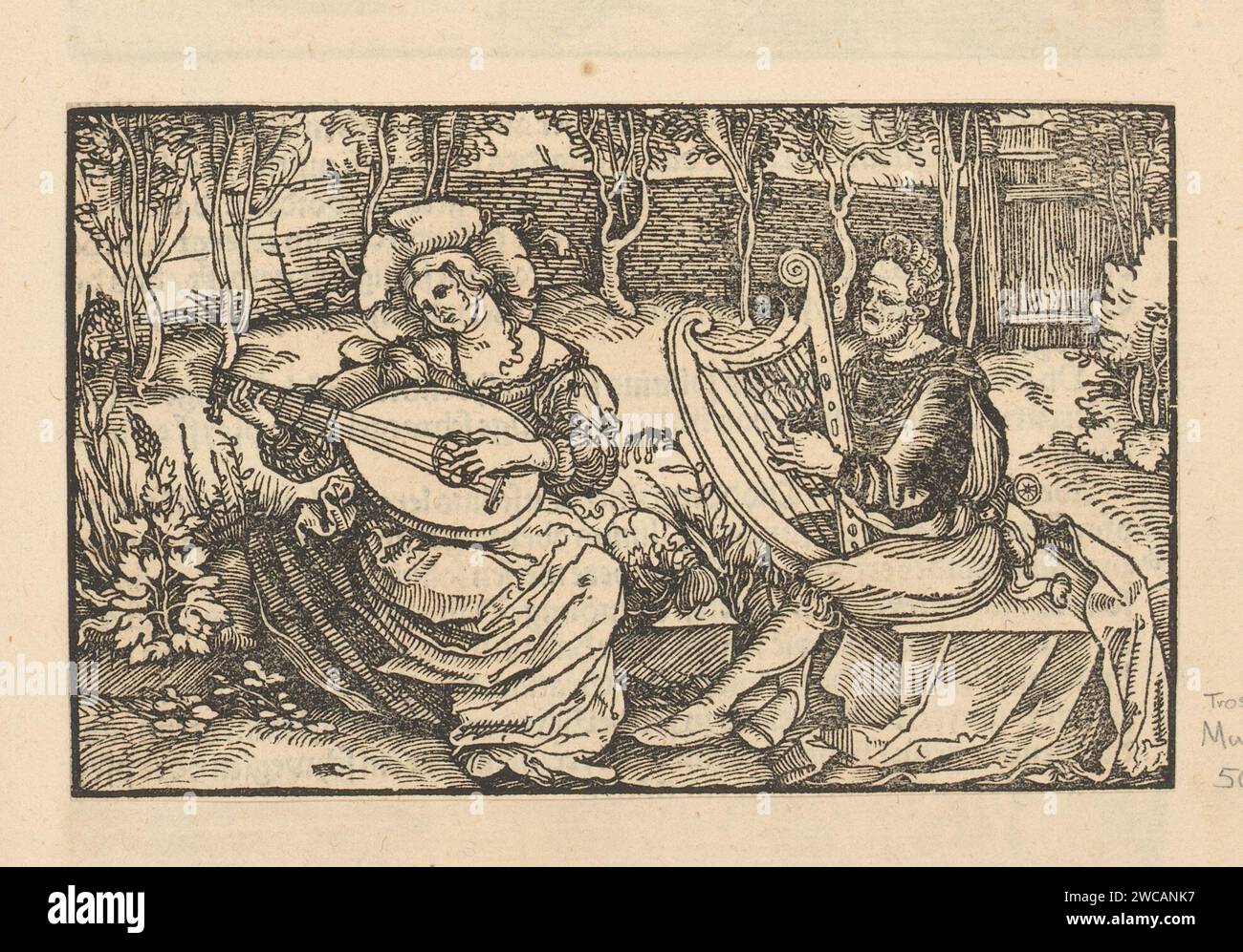 Duo Musicing in a Garden, Anonymous, Hans Weiditz (II), 1514 - 1532 Print Print fa parte di un album. carta carta carta carta carta per stampa harp. liuto, e forme speciali di liuto, ad esempio: teorbo. Più di un musicista con strumento - CC - "Concert champÃªtre" Foto Stock