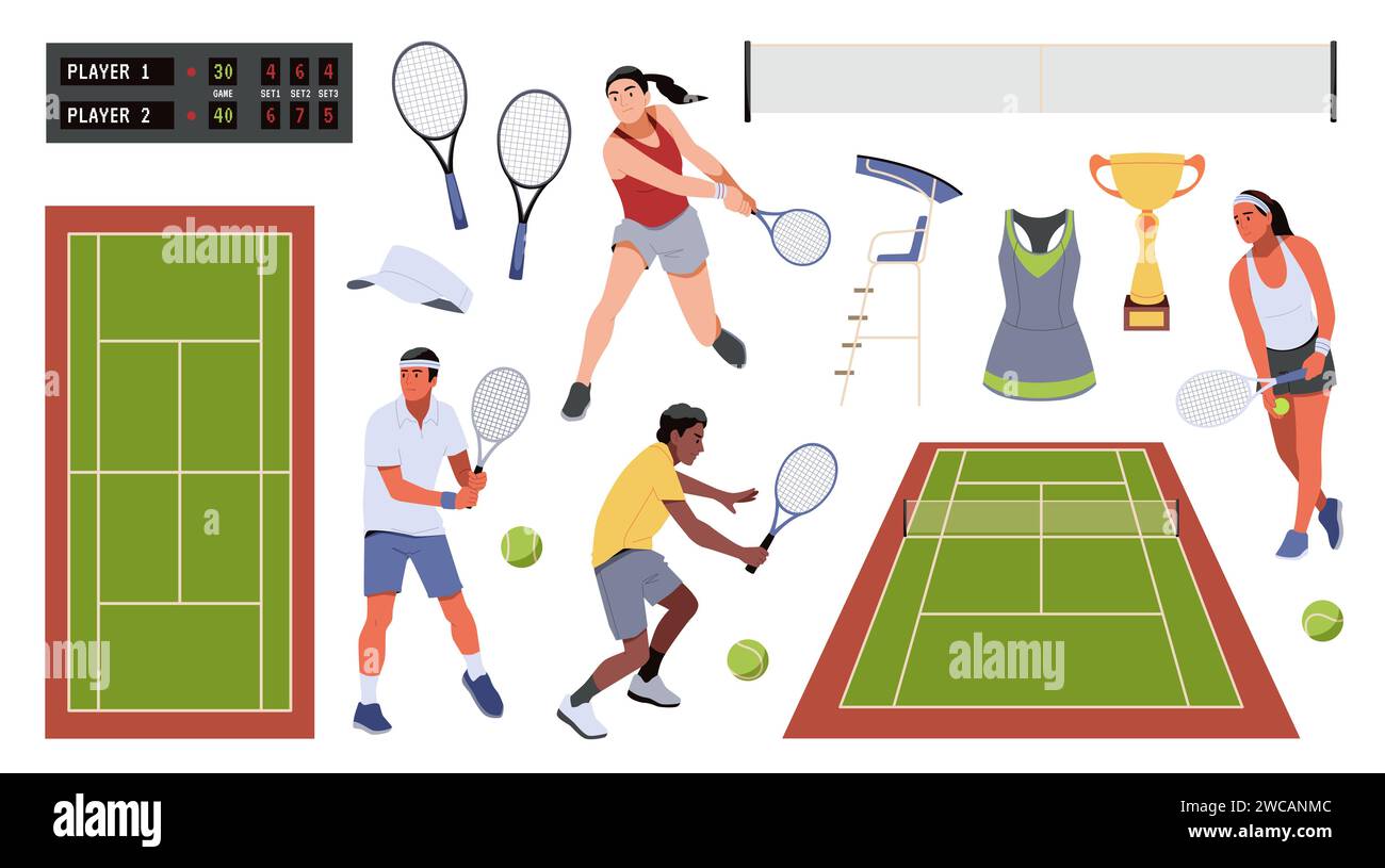 Giocatori di tennis ed elementi di gioco. Accessori sportivi, atleti con racchette in pose dinamiche, campo, tabellone segnapunti e palle. Concorrenza e hobby Illustrazione Vettoriale