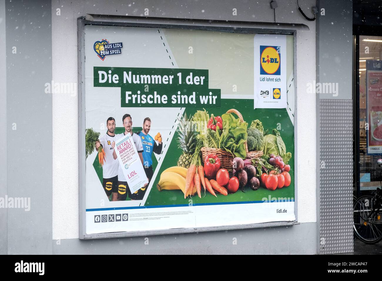 Düsseldorf 15.01.2024 Lidl Aussenwerbung Lebensmitteldiscountere Supermarkt Handballer DHB Deutscher Handballbund Handball-EM Europameisterschaft Sponsor Werbeträger Düsseldorf Nordrhein-Westfalen Deutschland *** Düsseldorf 15 01 2024 Lidl pubblicità esterna food discounter supermarket Handball player DHB German Handball Federation European Handball Championship advertising medium Düsseldorf North Rhine-Westphalia Germany Foto Stock