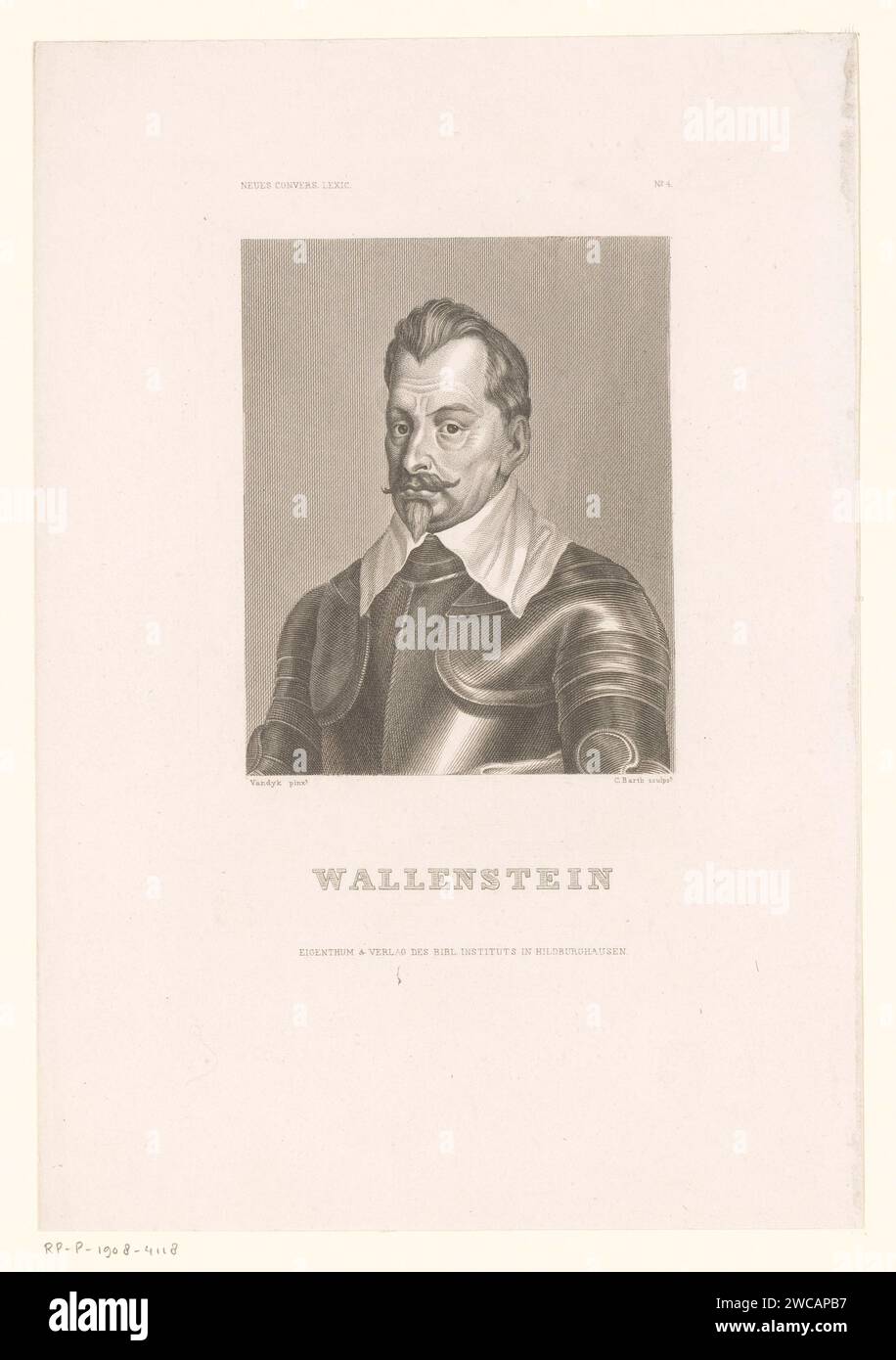 Ritratto di Albrecht von Wallenstein, Karl Barth, dopo Anthony Van Dyck, 1857 - 1861 stampa al piano superiore numerata: Neues Convers. Lexic. N.4. Hildburghausen carta acciaio incisione persone storiche Foto Stock
