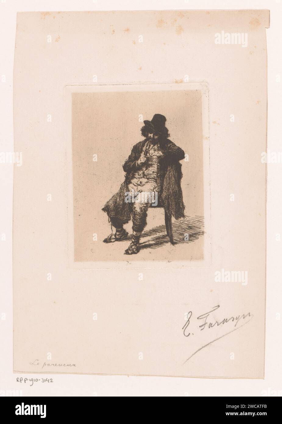 Piping man su una sedia, edgard Farasyn, 1868 - 1910 stampa carta incisione pipa  tabacco. uomo adulto Foto Stock