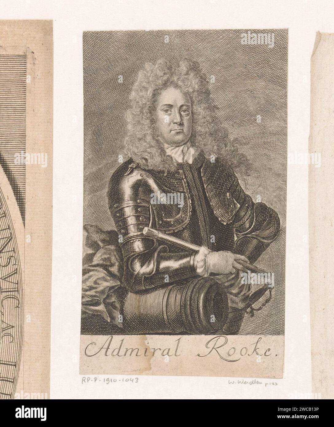 Ritratto di George Rooke, Martin Berbigeroth, stampa del 1704 Leipzig carta che incide personaggi storici. armatura. baton di generale. armi da fuoco: cannon Foto Stock