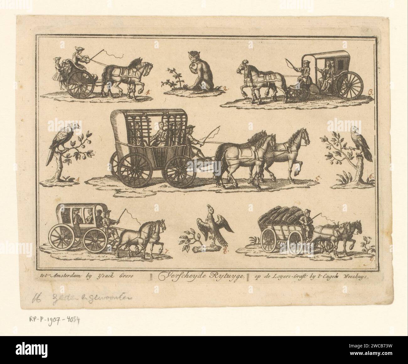 Diverse carrozze e uccelli, Anonimo, 1718 - 1757 stampare cinque cavalli e carri diversi, tre uccelli su un ramo e una scimmia. Le esibizioni sono numerate con penne da 1 a 9. Veicolo a quattro ruote disegnato da due animali. carro coperto, carro con cappuccio. carro-fieno. carro (agricolo), carro merci, carrello. scimmie, scimmie. uccelli Foto Stock