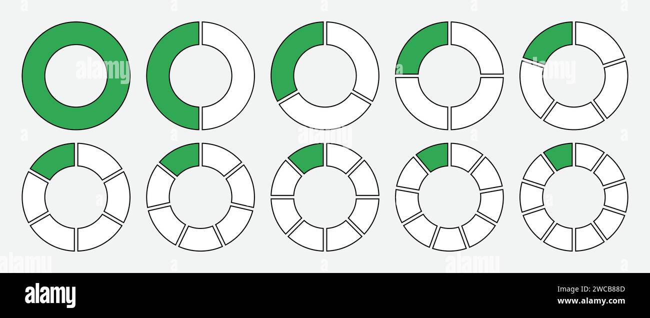 Cerchio vuoto diviso in 1-10 parti icona di colore verde e bianco con contorno. Diagramma del segmento del cerchio cavo in set di icone del grafico delle parti 1-10. Illustrazione Vettoriale