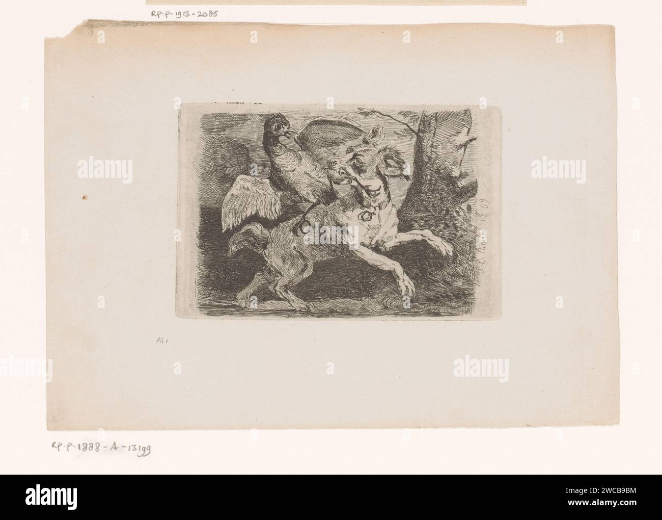 Morsi di un cane nella gamba di un fagiano, Paul Emile Nicolié, cane da incisione di carta stampata 1859. walker e runner birds: fagiano Foto Stock