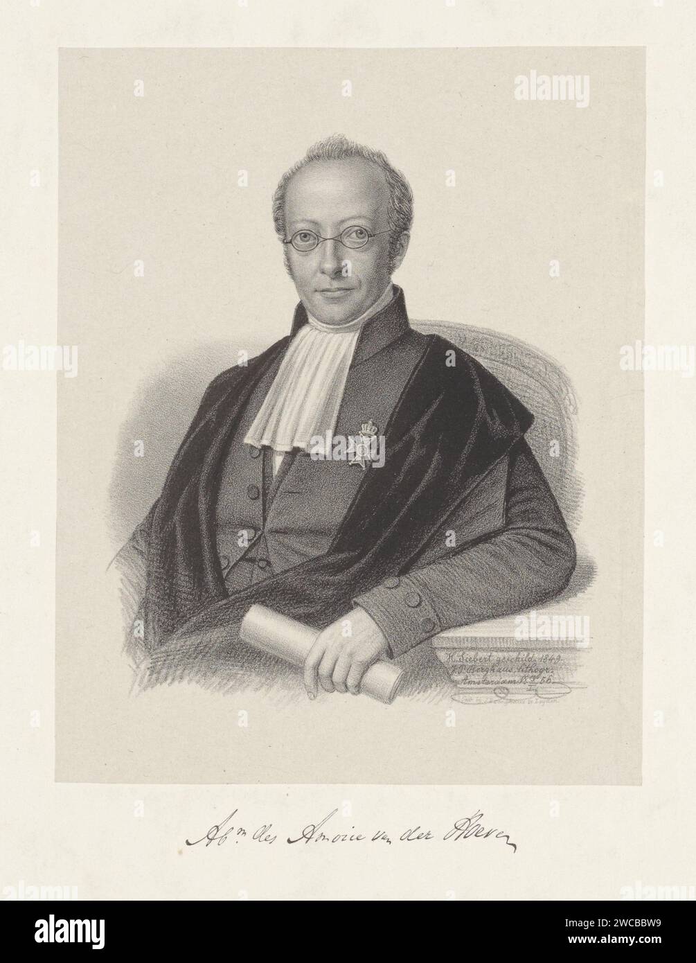 PortraT van Abraham dell'Alderory van der Hoeven, Johann Peter Berghaus, dopo Siebert (i), Heinrich, 1856 stampa la persona ritratta indossa occhiali, una bef bianca e un cavalierato sul petto. Nella mano sinistra ha un pezzo di carta arrotolato. Sotto il ritratto c'è la firma. A un dipinto di Heinrich Siebert. Tipografia: Amsterdamafter design by: Netherlands paper. persone storiche Foto Stock