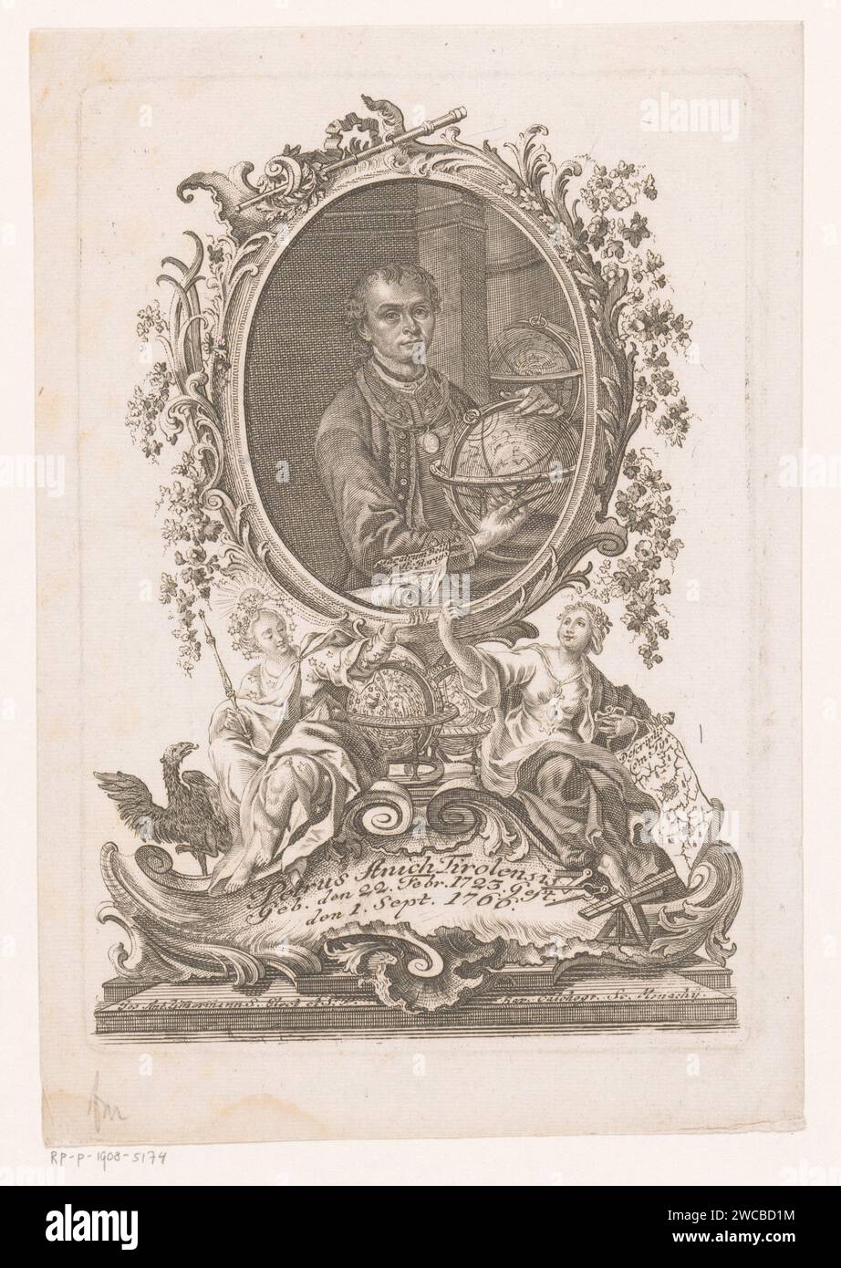 Ritratto van Peter Anich, Joseph Anton Zimmermann, 1766 - 1797 stampa München incisione su carta / incisione di persone storiche. globo. sfera armillare, globo celeste scheletro. strumenti di misurazione Foto Stock