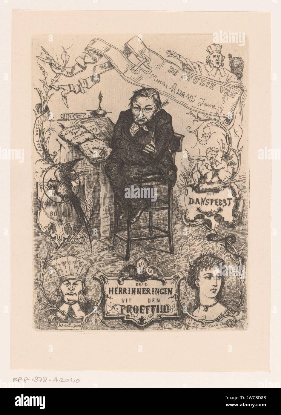 Uomo su un seggiolone a uno scrittoio, Willem Geets, stampa 1873 intorno all'uomo cartigli e banderollen con testi e sotto due ritratti. Publishher: The Hatepublisher: Ginget paper etching scrittoio, scrittoio. figura seduta. sedia Foto Stock