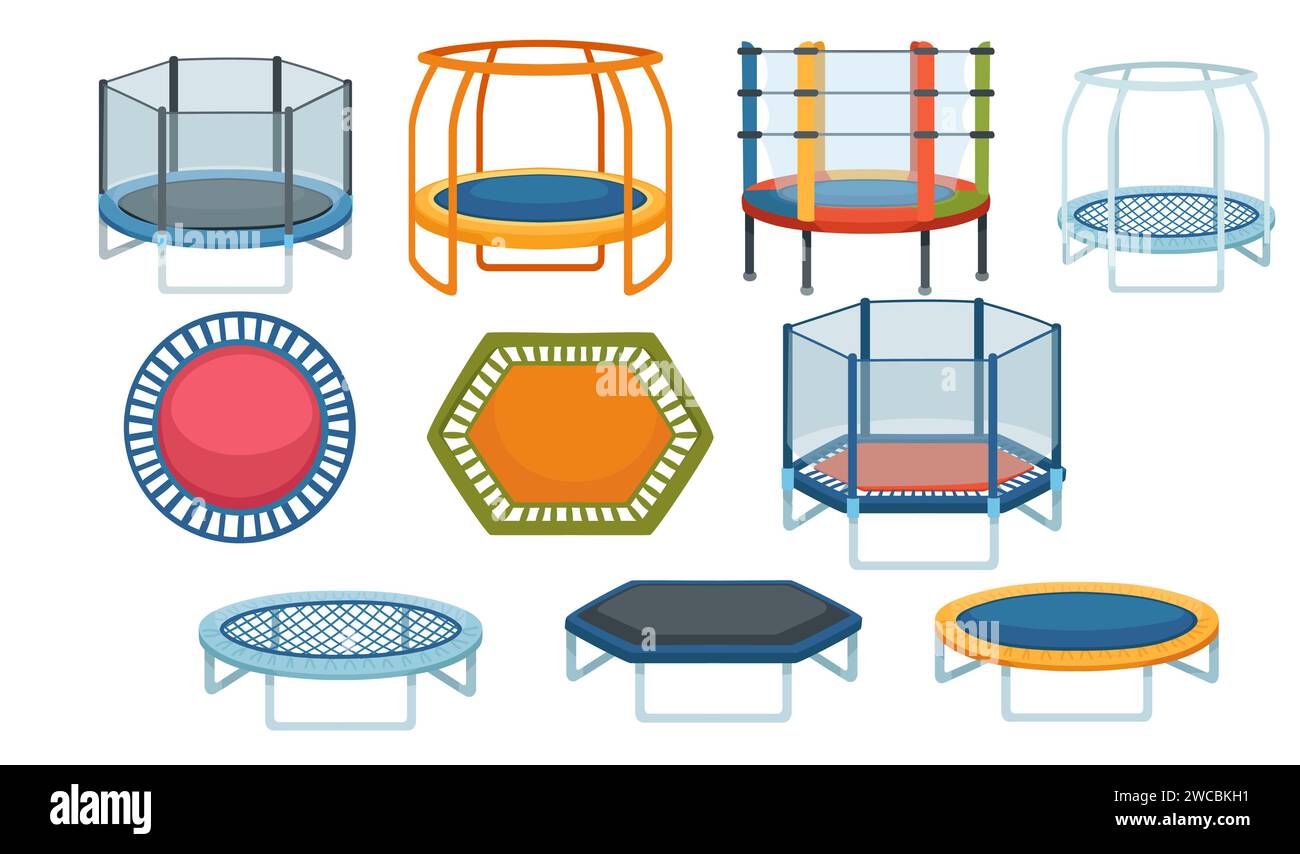 Set di piattaforma di rimbalzo del trampolino per bambini con illustrazione vettoriale della gabbia di rete di sicurezza isolata su sfondo bianco Illustrazione Vettoriale