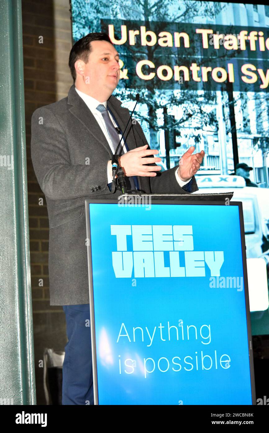 Middlesbrough, Regno Unito. 15 gennaio 2024. Il sindaco di Tees Valley Ben Houchen (Lord Houchen) ha annunciato un pacchetto di grandi progetti di trasporto per la valle di Tees dopo che la Tees Valley Combined Authority ha ricevuto 978 milioni di sterline in più a seguito della cancellazione da parte del governo della tratta settentrionale del progetto ferroviario HS2. Più di 25 progetti sono stati stanziati finanziamenti. Questi piani sono soggetti ad applicazioni di pianificazione locale. Crediti: James Hind/Alamy Live News. Foto Stock