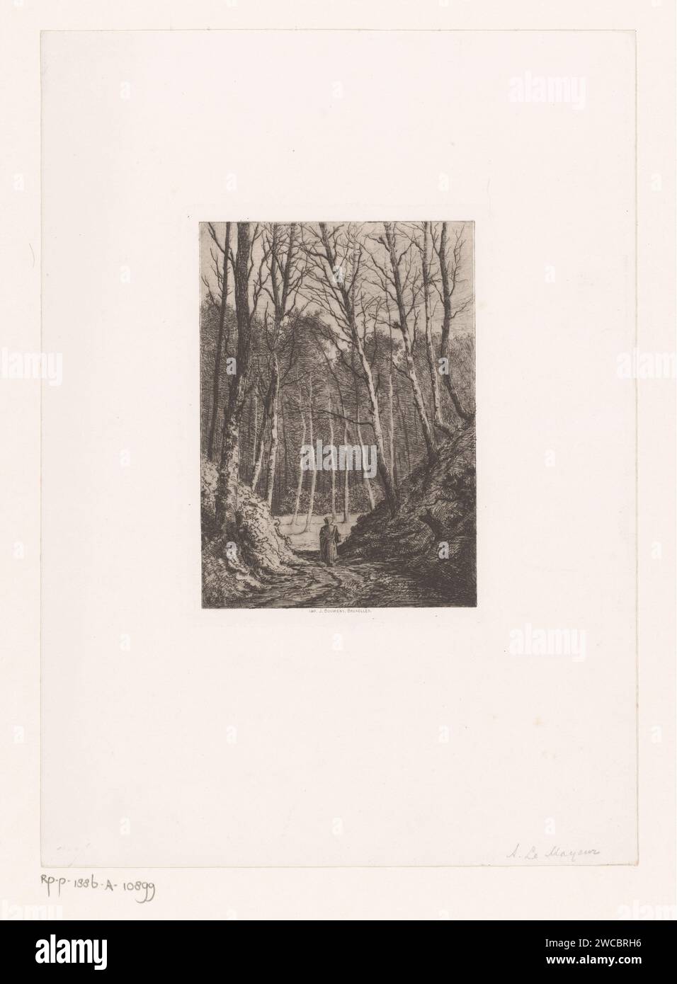 Donna cammina su un sentiero nella foresta di Sonian, Adrien le Mayeur de Merprés, 1854 - 1886 stampa carta di Bruxelles. Percorso forestale o corsia delle Fiandre. Bruxelles (regione) Foto Stock