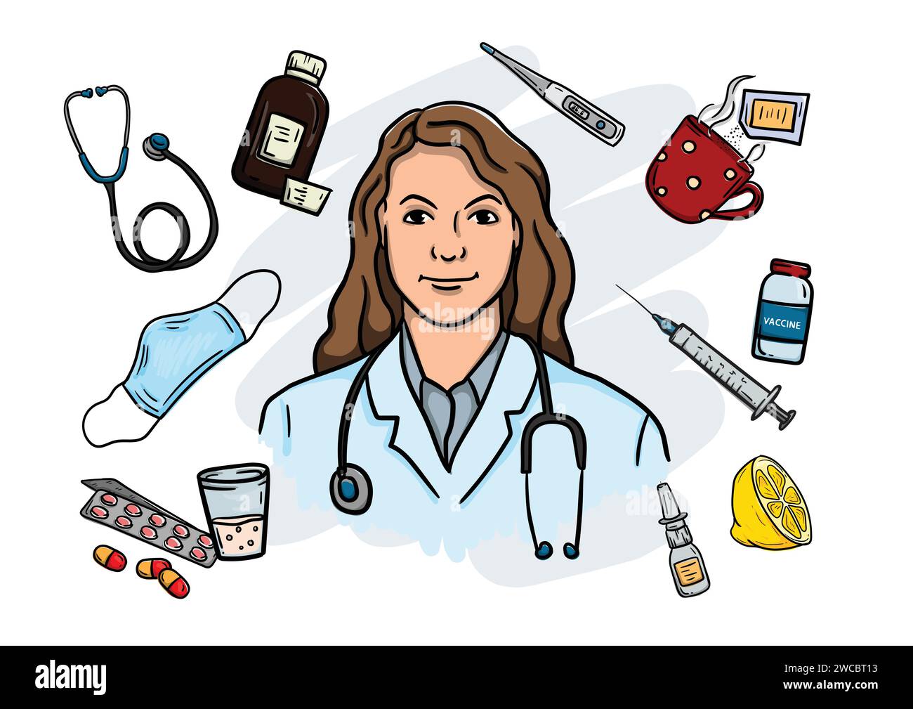 Giovane medico donna con stetoscopio ed elementi medici: Vaccino, medicine, maschera medica, termometro Illustrazione Vettoriale