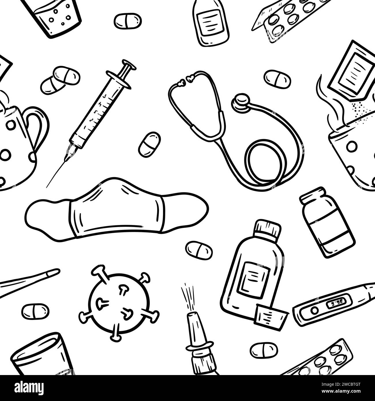 Pattern vettoriale senza soluzione di continuità con elementi medici, farmaci, virus, pillole, vaccino e tazza di tè Illustrazione Vettoriale