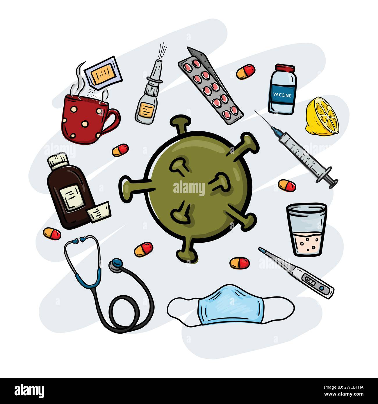 Influenza e virus Covid e articoli medici. Farmaci, tè, vaccino, maschera medica, stetoscopio, sciroppo tosse, limone, termometro Illustrazione Vettoriale
