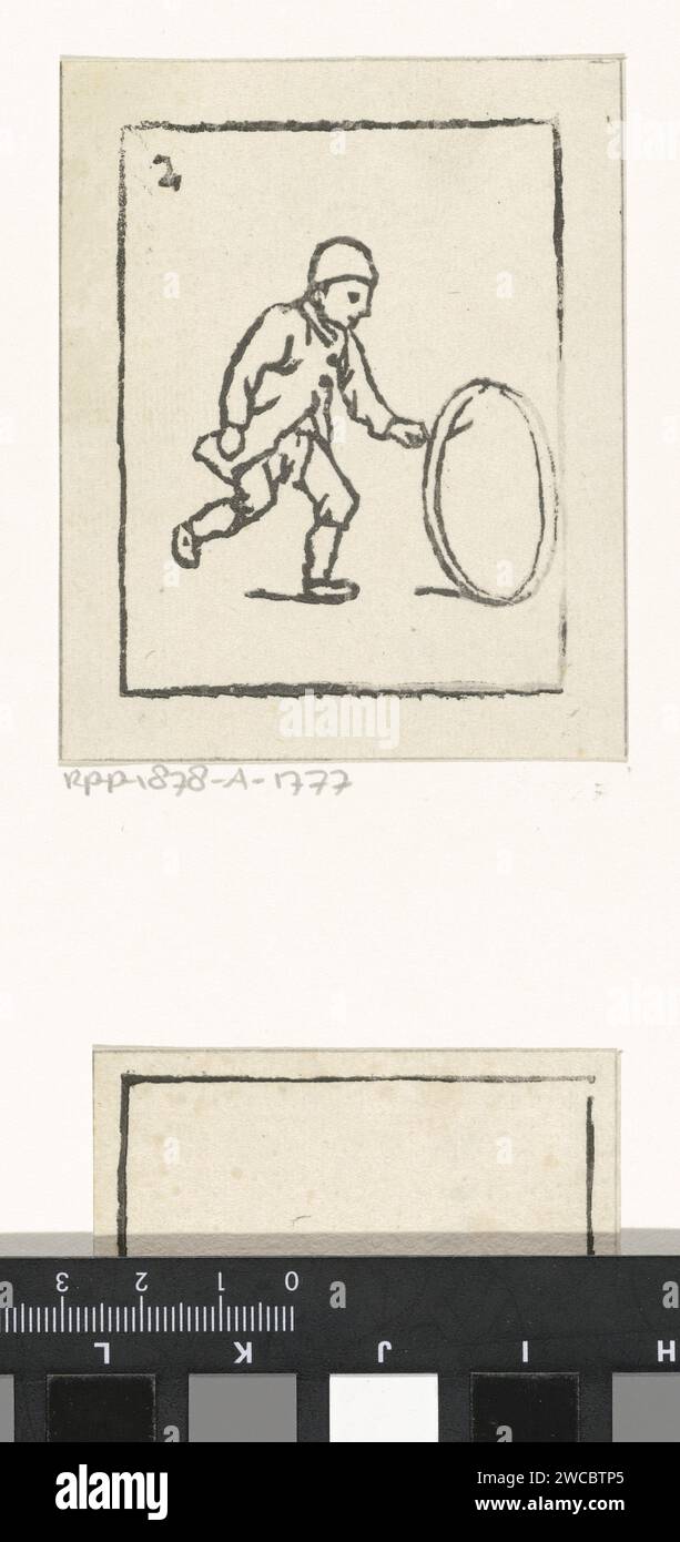 Ragazzo con un cerchio, Vincent van der Vinne van Lee, 1808 - 1876 stampa Un ragazzo corre dietro un cerchio che lascia rotolare per terra con un bastone. In alto a sinistra "2". Haarlem paper (bowling a) hoop Foto Stock