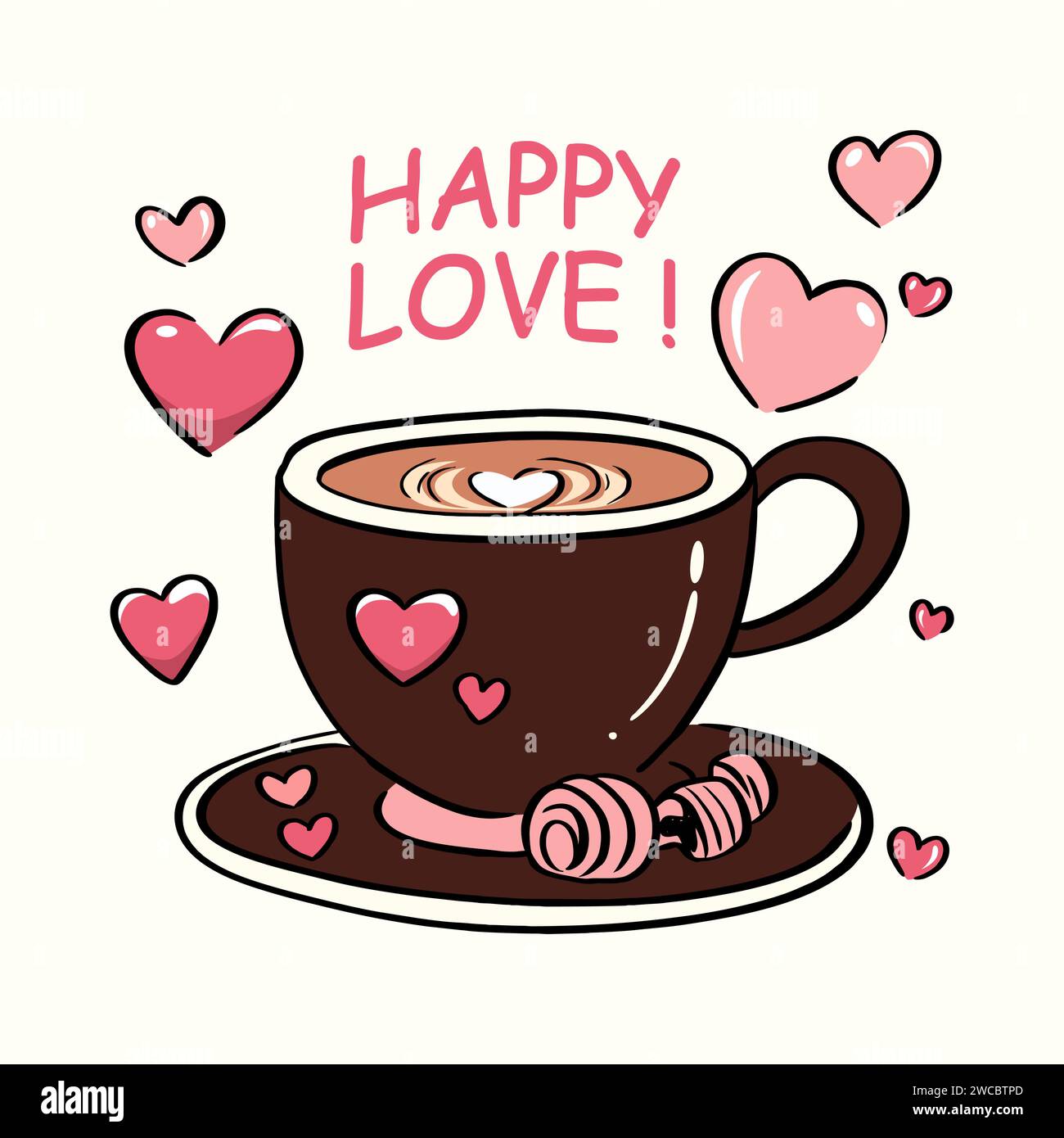 Viziati con il calore dell'amore con questa deliziosa illustrazione vettoriale intitolata "Brewed Bliss: Cute Coffee Cup for San Valentino". Questa affascinante ardue Illustrazione Vettoriale