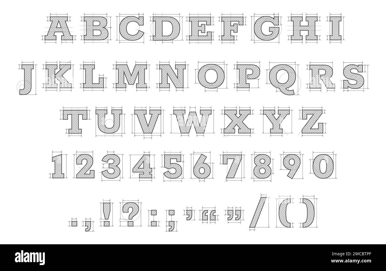 Carattere tecnico. Lettere astratte disegnate a mano, bozzetto di costruzione dell'alfabeto geometrico scarabocchio, simboli della vecchia scuola. Serie vettoriale di illustrazione del tipo tecnico tipografico Illustrazione Vettoriale