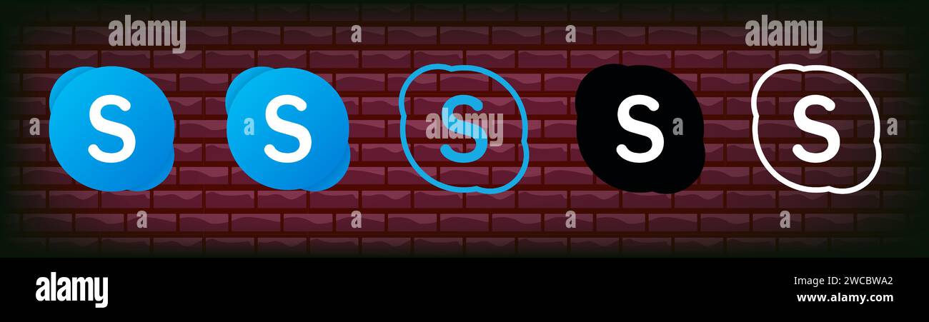 Raccolta di diverse icone Skype. Logo dei social media. Linea d'arte e stile piatto isolato su sfondo bianco. Icona della linea vettoriale per gli annunci commerciali e pubblicitari Illustrazione Vettoriale