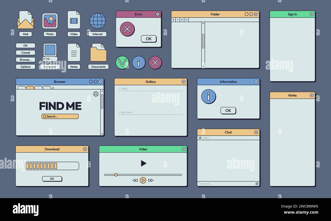 Interfaccia retro. elementi dell'interfaccia utente di internet e computer 80s 90s, cornici e pulsanti alla moda. Interfaccia Vector post and call notification (post vettoriale e notifica di chiamata) dei computer 90s e 80s Interface window Illustration Illustrazione Vettoriale