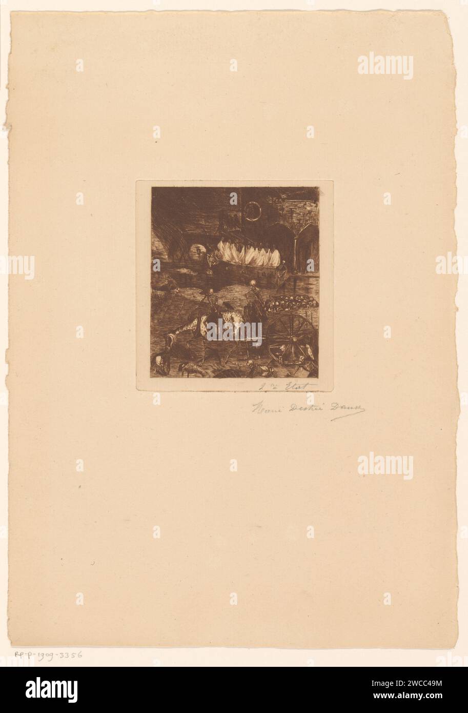 Scheletri su una barca e un cavallo con un'auto piena di teschi, Marie Danse, dopo Pieter Brueghel, 1877 - 1909 carta stampata incisione / drypoint Trionfo della morte, 'Trionfo della morte'; 'Carro della morte' (Ripa). Morte come Skeleton Foto Stock