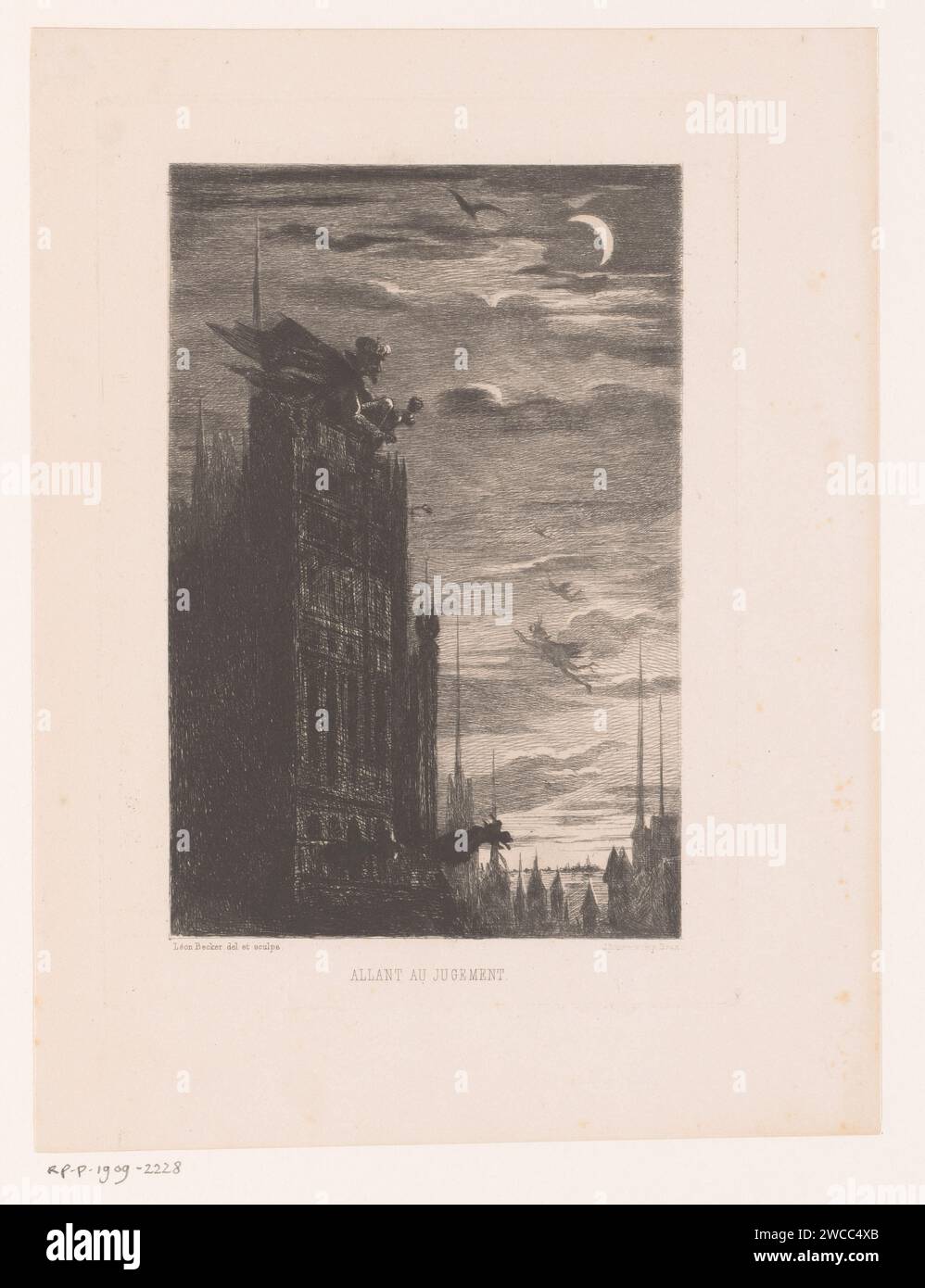 Faccia notturna con torre della chiesa e diavoli, Léon Becker, stampatore del 1869: Brusselspublisher: Paris paper etching Devil(s) and demons. parti dell'esterno della chiesa e degli annessi Foto Stock