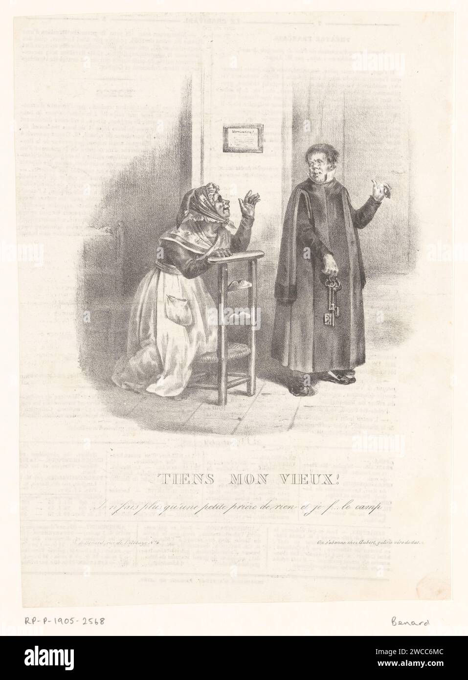 Caricatura di un sestone che insegue una vecchia donna, Anonimo, Jean Francois Benard, 1832 - 1850 il sestone con i Keybos vuole cacciare via una vecchia che si è inginocchiata su una sedia d'asta. Dice che farà solo una breve preghiera prima di grattarsi. Quotidiano di Parigi preghiera (vocale) quotidiana da una persona. vecchia donna. acolyte, corista, lector, ostiarius, ecc. - Funzionari della chiesa cattolica romana Foto Stock