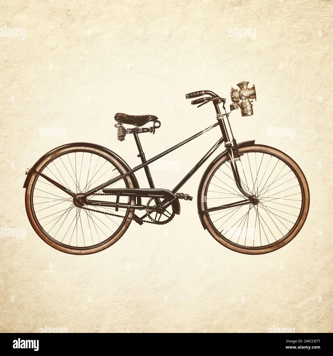 Immagine in stile retrò di una bicicletta olandese dei primi del XX secolo con lanterna Foto Stock